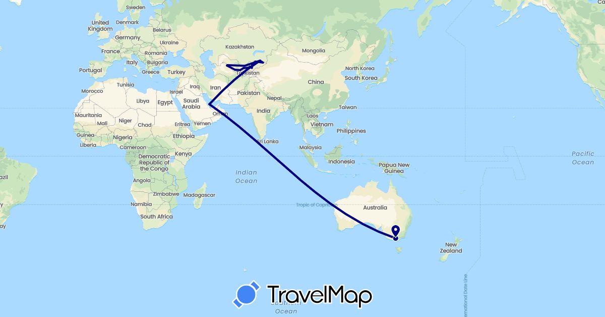 TravelMap itinerary: driving in Australia, Kyrgyzstan, Kazakhstan, Qatar, Uzbekistan (Asia, Oceania)